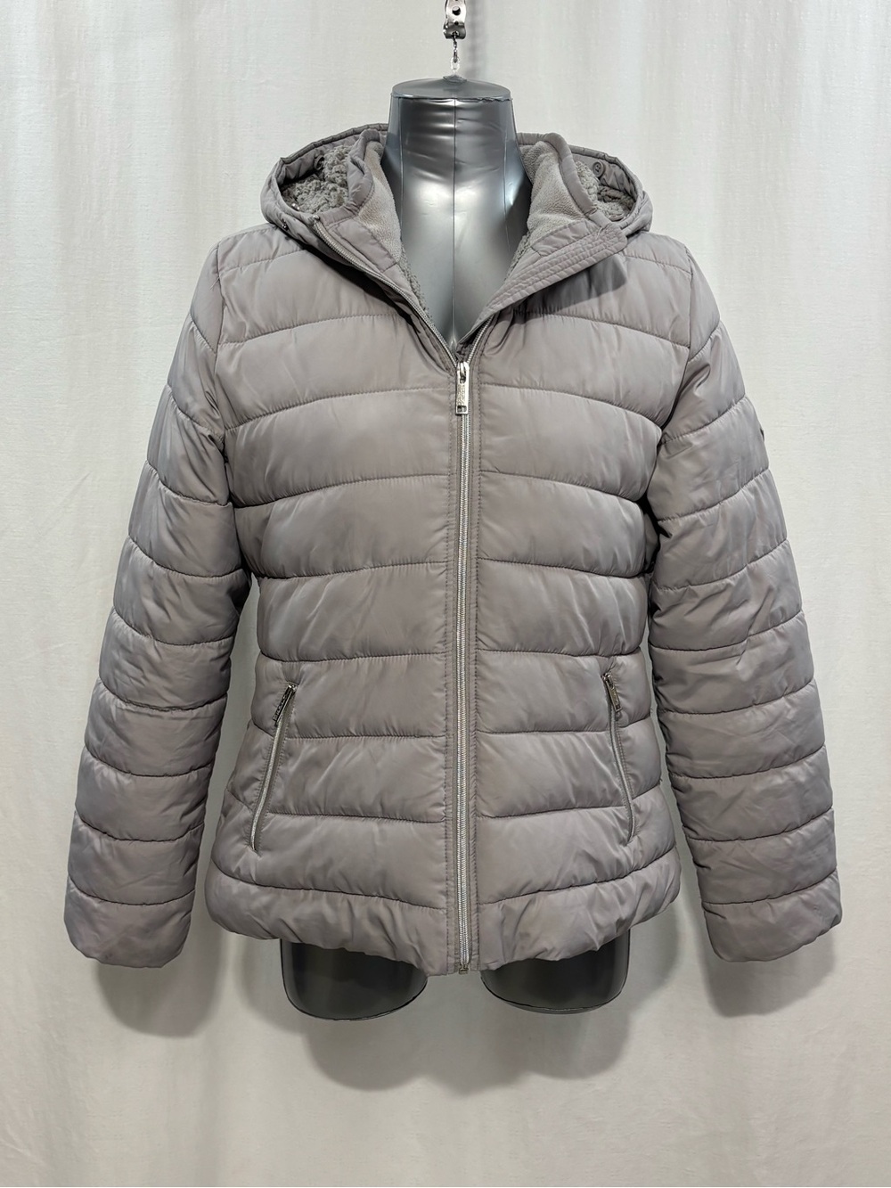 Hollister Co. Grey Sherpa-Lined Hooded Puffer Jacket - Size Large